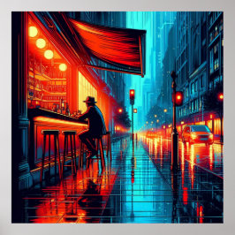 Poster Neon Solitude: Rainy Night no City Cafe