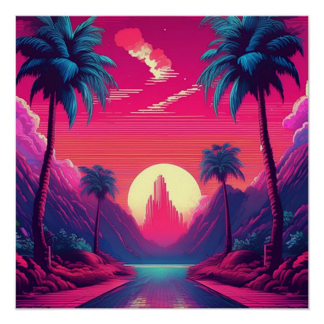 Póster Neon Sunset Paradise - Víblias Tropicais Retroativ (Frente)