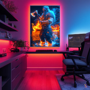 Poster Neon Viking Berserker - Cyber Norse Warrior