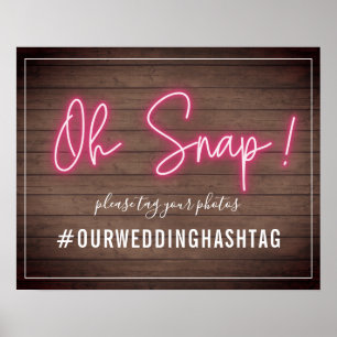 Poster Neon Wood Plank Casamento Hashtag Sinal