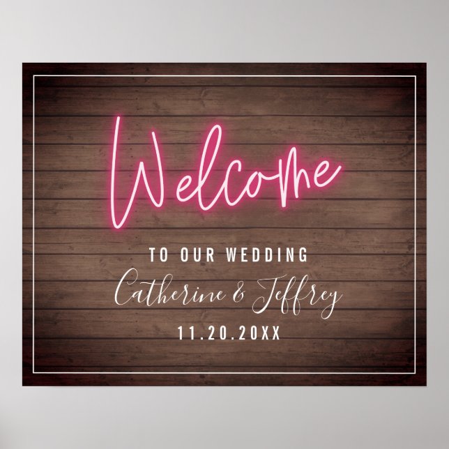 Poster Neon Wood Plank Weding Welcome (Frente)