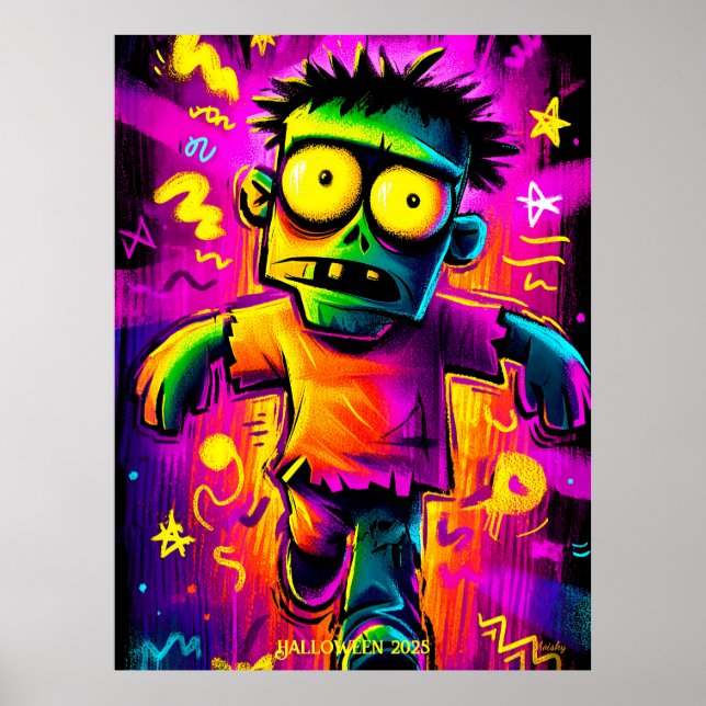 Poster Neon Zombie – Arte Pop Cartoon Monstro de Hallowee (Frente)