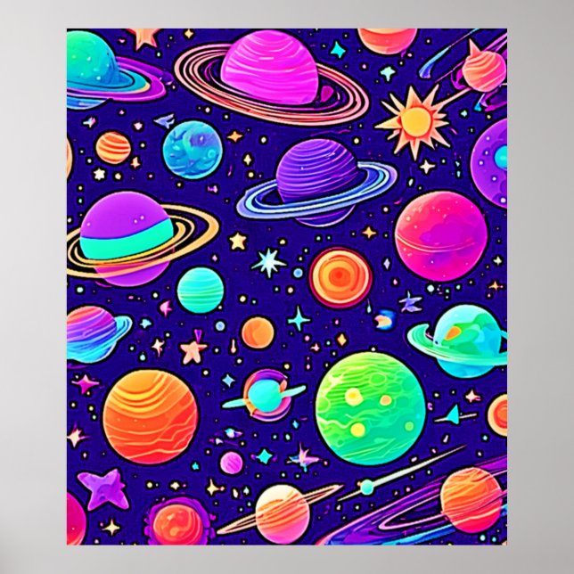 Poster Neons Fluidos: Planetas e Estrelas (Frente)