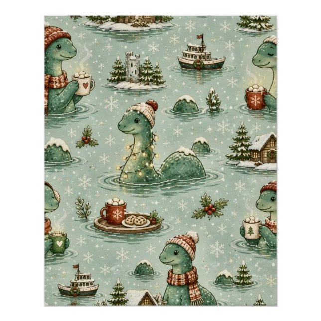 Póster Nessie de Natal Monstro do Lago Ness Aconchegante  (Frente)