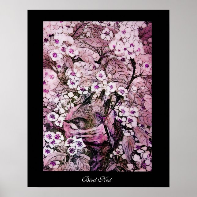 PÓSTER NESTE DE PÁSSAROS, FLORES DE PRIMAVERA BRANCA DE P (Frente)