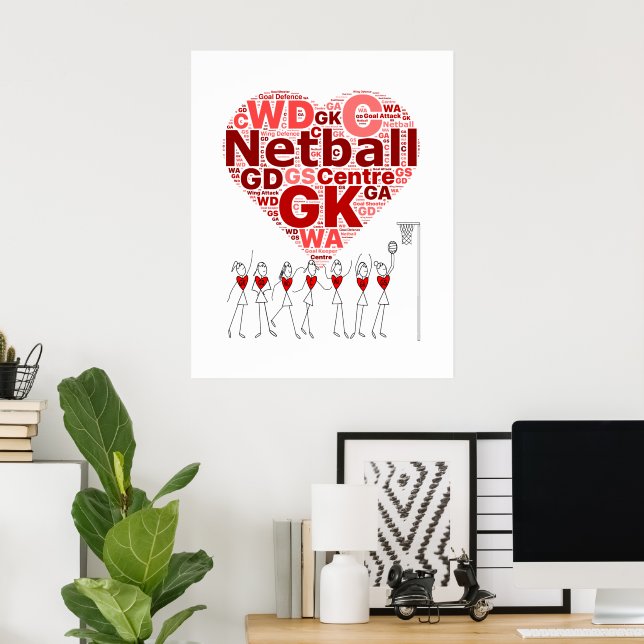 Poster Netball Positions Tipografia Design de Coração (Escritório em casa)