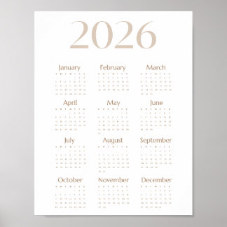 Poster Neutral Beige 2026 Calendar Minimalist One-Page