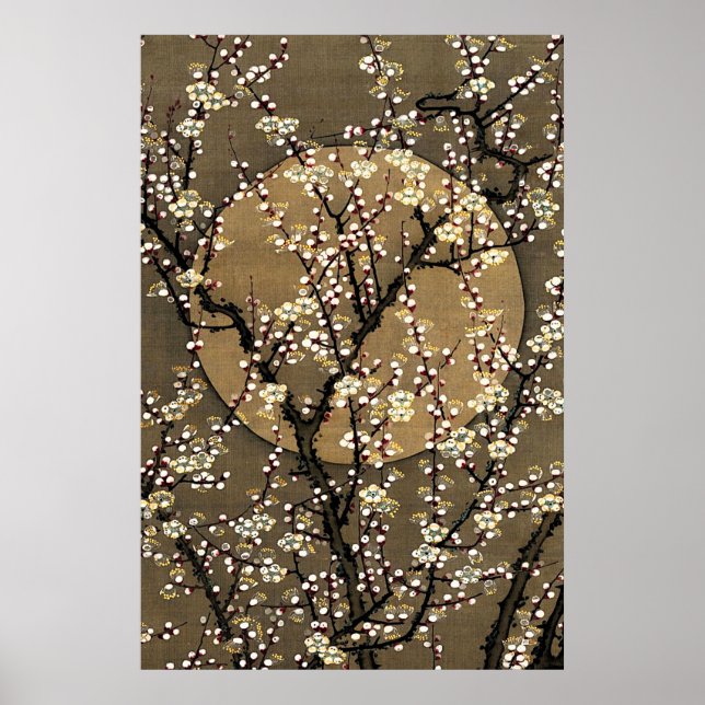 Poster Neutral Tone Full Moon Cherry Blossom Design Art (Frente)