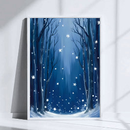 Poster Neve Caindo Floresta de Inverno Azul Pintada Aquar