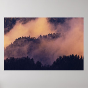 Póster nevoeiro de inverno no vale ao pôr do sol de Mort