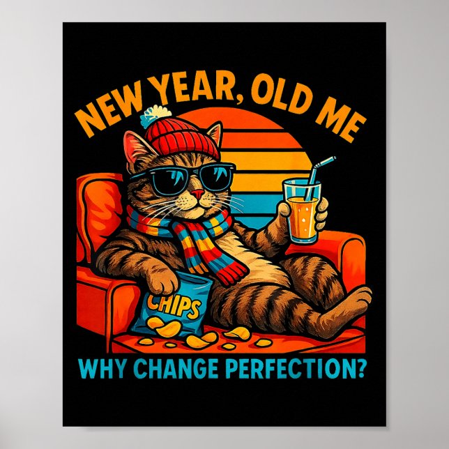 Poster New Year Old Me Funny Cat Retro Lazy Meme Gift  (Frente)