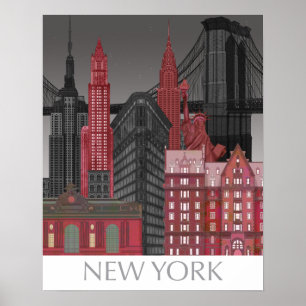 Poster New York Elevations by Night - Vermelho