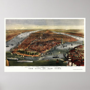 Poster New York, mapa panorâmico de NY - 1870
