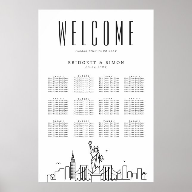 Poster New York Wedding | 12 Gráfico de assentos de Mesa (Frente)