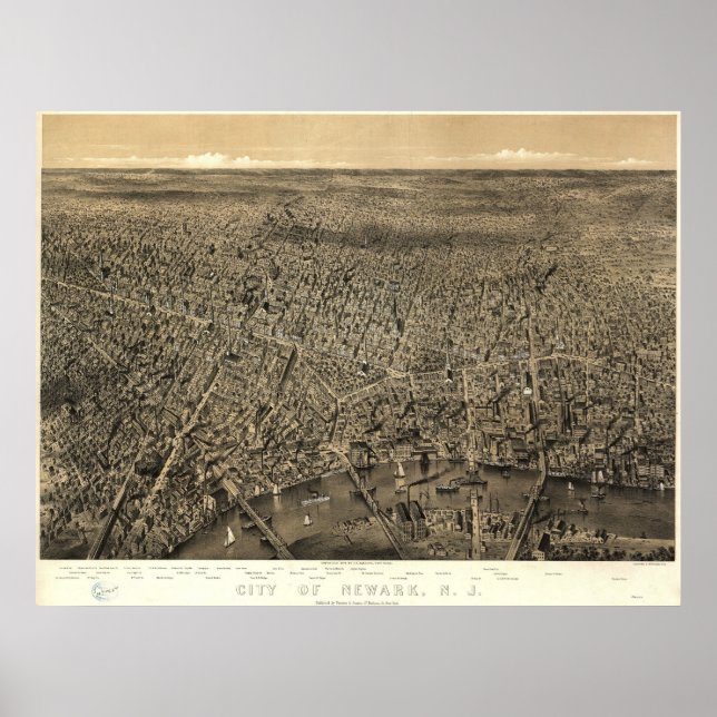 Póster Newark 1874, NJ Birds Eye Ver Mapa Panorâmico (Frente)