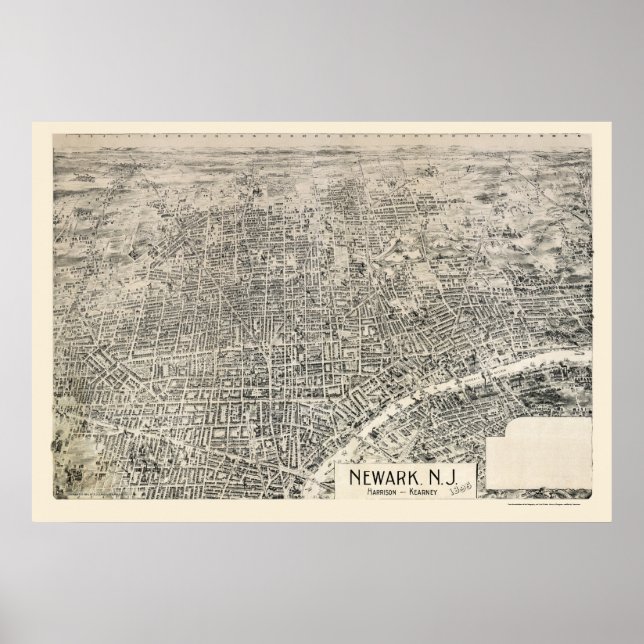 Poster Newark, Mapa Panorâmico NJ - 1895 (Frente)