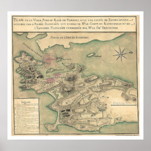 Poster Newport, mapa revolucionário 1780 de RI