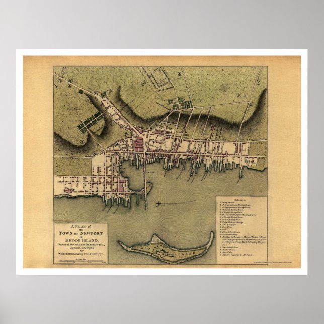 Póster Newport, RI Town Map - 1777 (Frente)