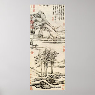 Póster Ni Zan - árvores em um River Valley em Yu-Shan
