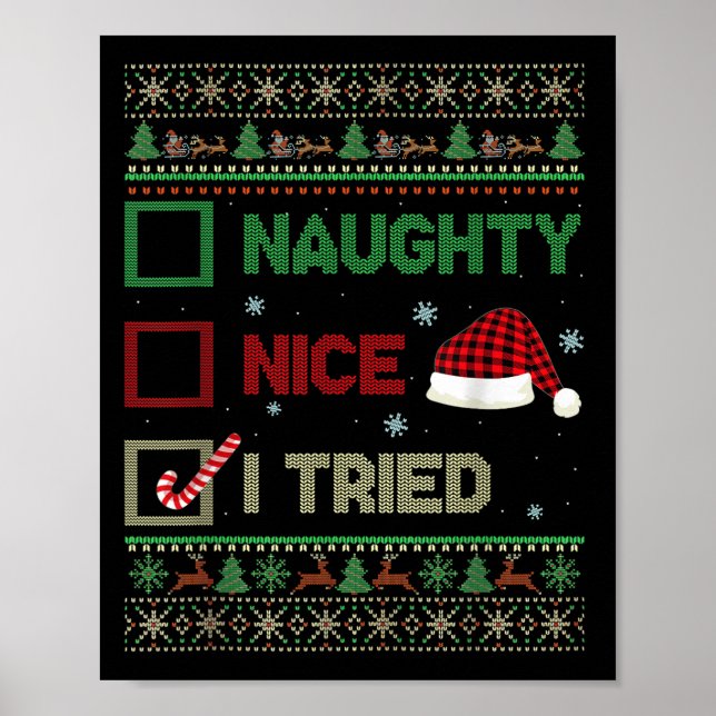 Poster Nice Naughty I Tried Ugly Sweater Red Plaid Christ (Frente)