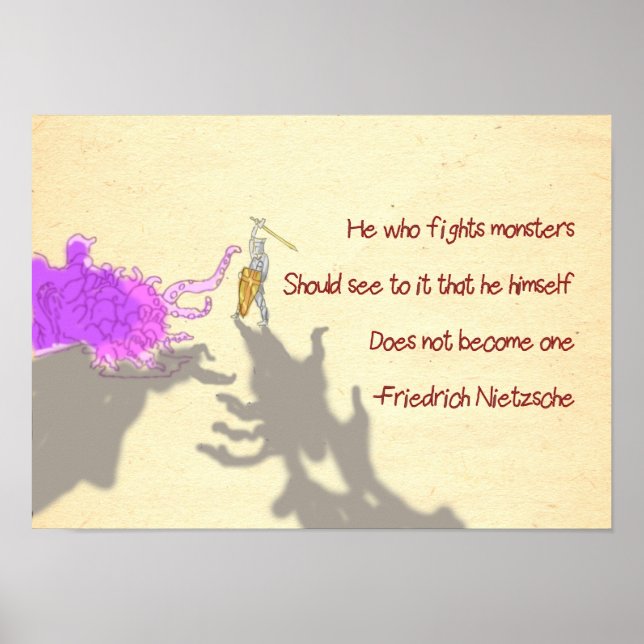 Poster Nietzsche Cita Um Cartoon Que Luta Contra Monstros (Frente)