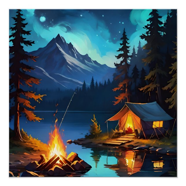 Póster Night Campfire and Mountain View (Frente)