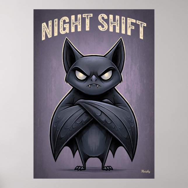 Poster Night Shift – Funny Angry Bat Cartoon Character (Frente)
