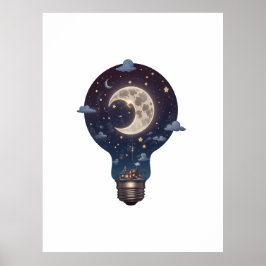 Poster Night Sky and Cottage Inside a Lightbulb