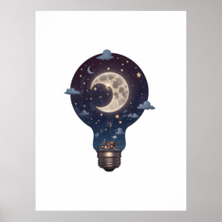 Poster Night Sky and Cottage Inside a Lightbulb