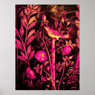 Póster NIGHTINGALE WITH ROSES, Pink Fuchsia Black Yellow