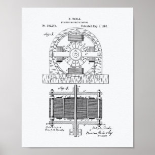Póster Nikola Tesla 1888 Patent Art - Livro Branco
