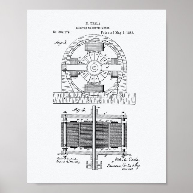 Póster Nikola Tesla 1888 Patent Art - Livro Branco (Frente)