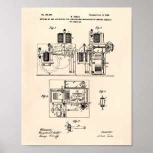 Poster Nikola Tesla 1898 Patent Art - Old Peper