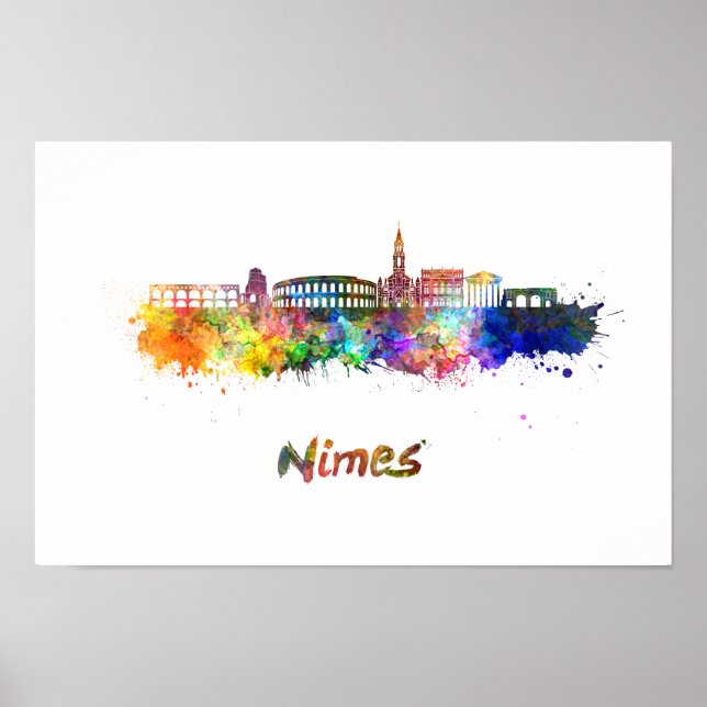 Poster Nimes skyline em aquarela (Frente)