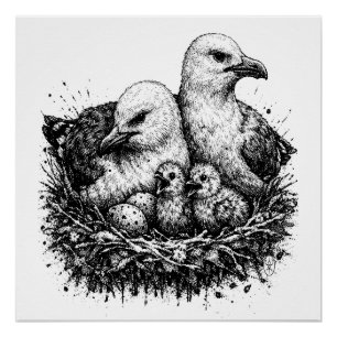 Póster Ninho da Família de Pássaros – Ilustração de Tinta
