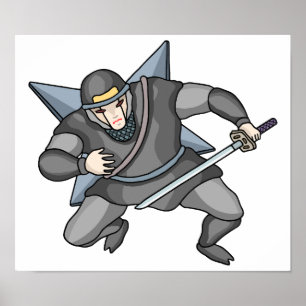 Poster Ninja cibernético carregando shuriken nas costas.