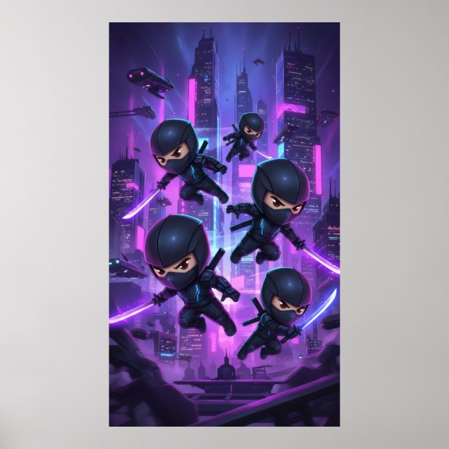 Poster Ninja segurando espada brilhante na cidade futuris (Frente)