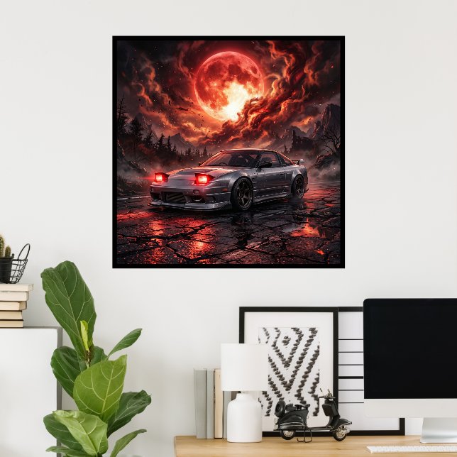 Poster Nissan 240SX Sob uma Lua Carmesim (Escritório em casa)