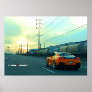 Poster Nissan GT-R, "ferrugem", na zona industrial ao pôr