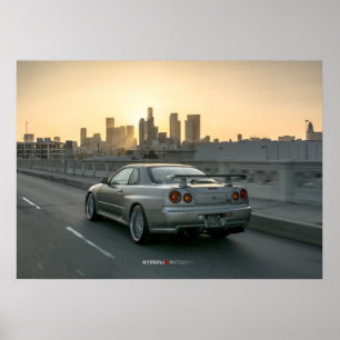 Póster Nissan Skyline GT-R34 no Centro de Los Angeles