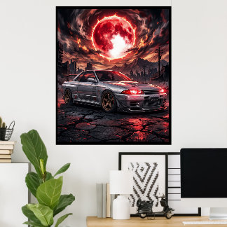 Poster Nissan Skyline R32 Sob a Lua Carmesim