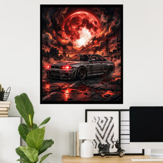 Poster Nissan Skyline R33 Sob a Lua Carmesim