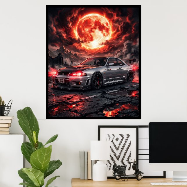 Poster Nissan Skyline R33 Sob a Lua Carmesim (Escritório em casa)