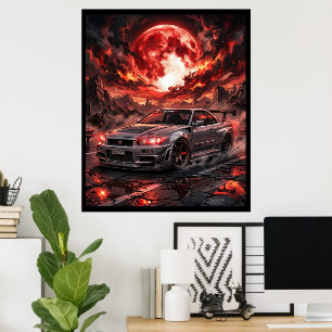 Poster Nissan Skyline R34 Sob uma Lua Carmesim