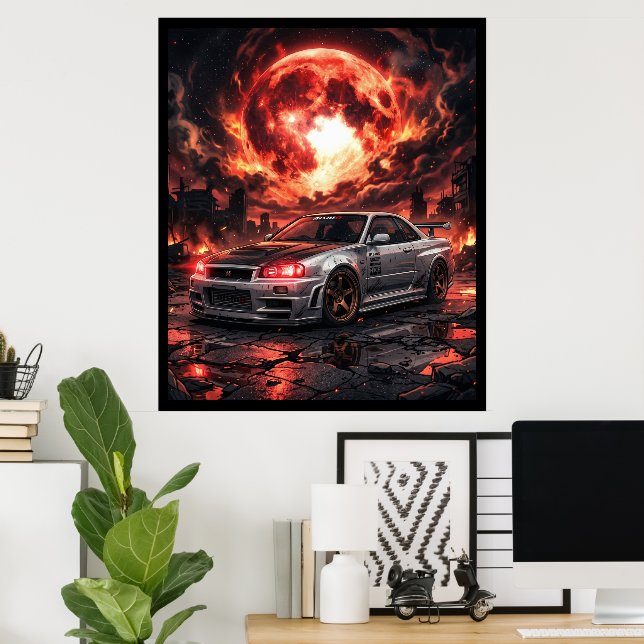 Poster Nissan Skyline R34 Sob uma Lua Carmesim (Escritório em casa)