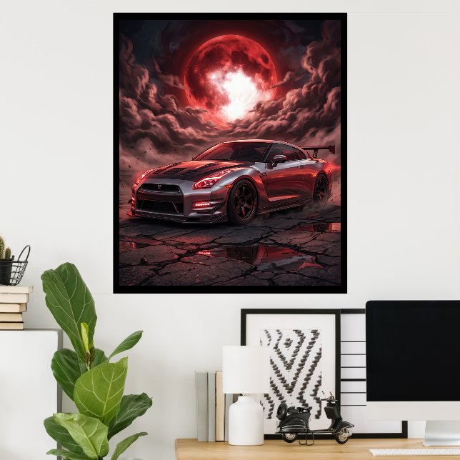 Poster Nissan Skyline R35 Sob uma Lua Carmesim (Escritório em casa)
