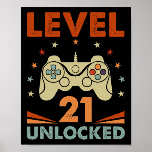 Poster Nível 21 Jogador De Vídeo Desbloqueado aniversário