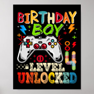 Poster Nível 4 Desbloqueado Video Gamer Aniversário de 4 