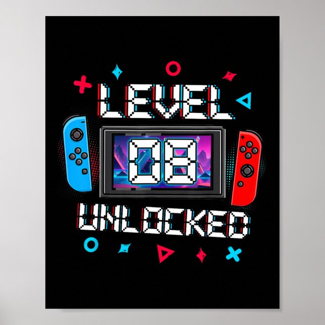 Poster Nível 8 Desbloqueado Gamer Presente de 8º Aniversá (Frente)
