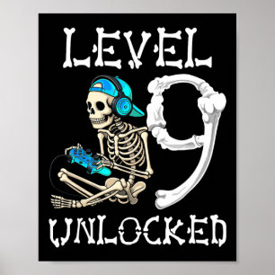 Poster Nível 9 Desbloqueado Esqueleto Gamer Vídeo Jogos 9
